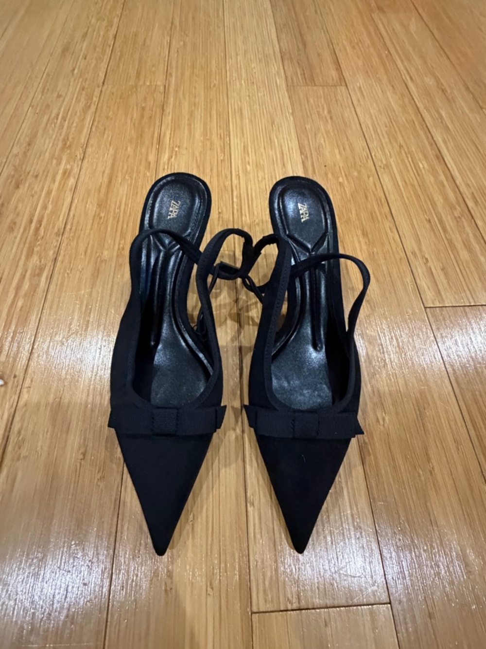 Zara Black Pointed Bow Slingback Heels
